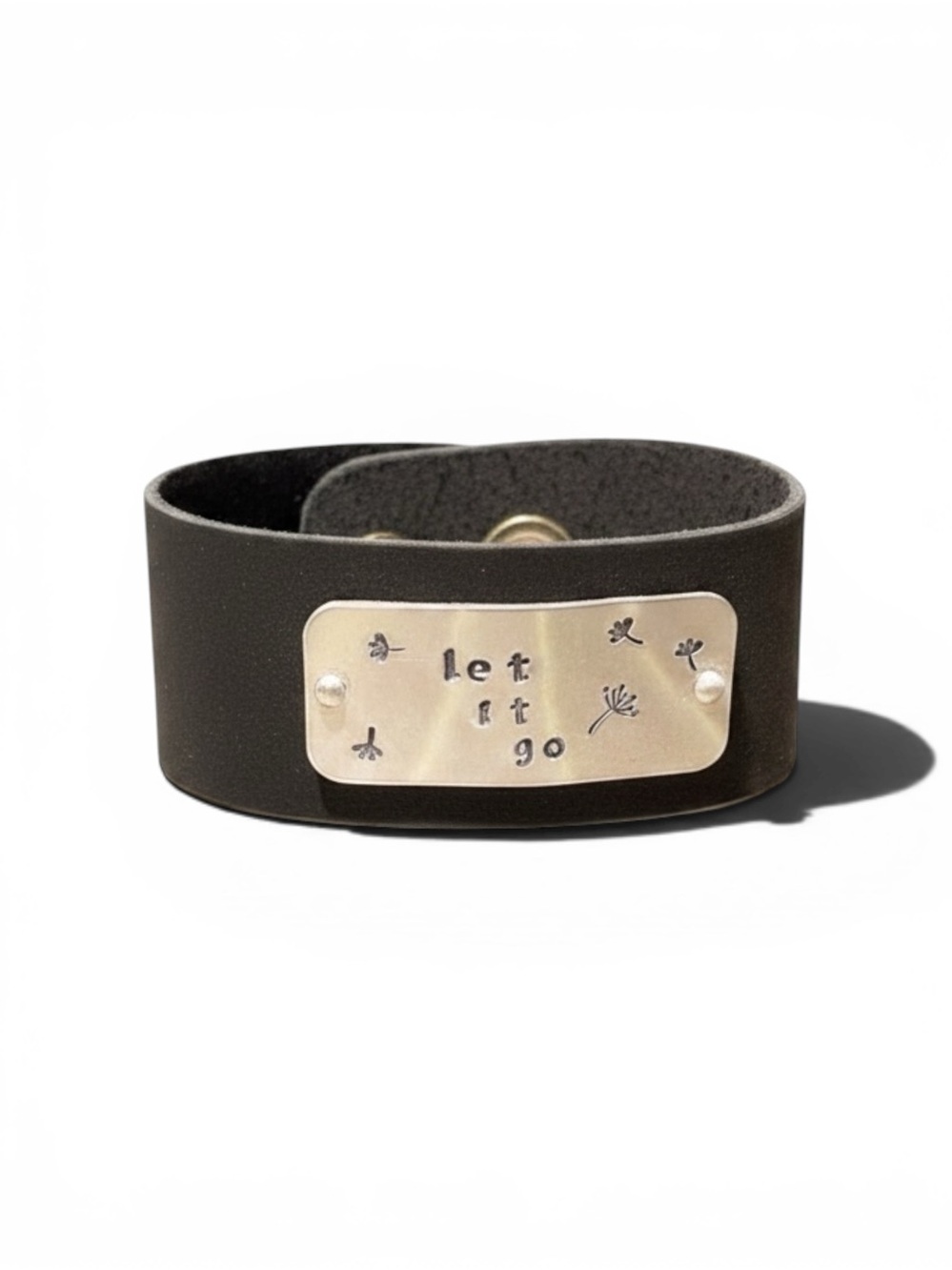 Handmade‎ stamped “let it go” metal black 100% leather adjustable cuff bracelet